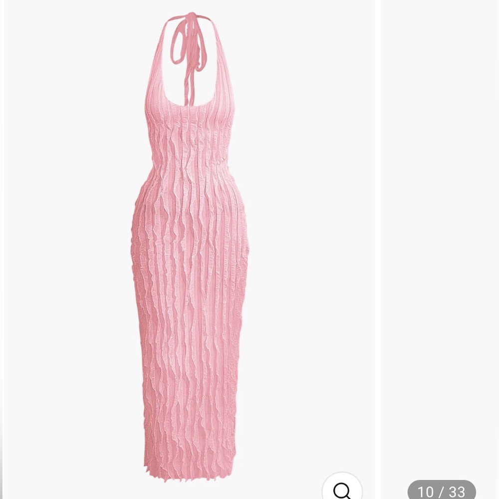 Micas - Sheer Ruffle Texture Halter Backless Maxi Dress